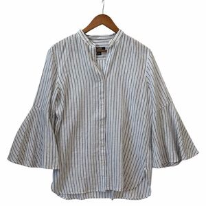 Chaps White and Black Striped Button-Front Bell Sleeve Blouse Women's Medium